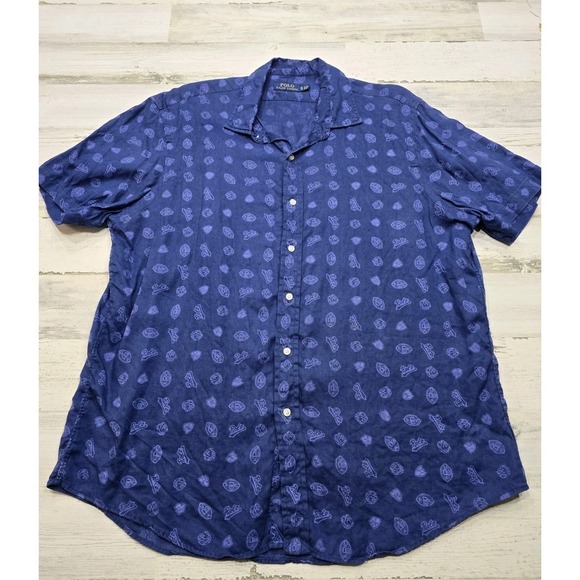 Polo Ralph Lauren Other - Polo Ralph Lauren Mens XL Navy Blue 100% Linen Crest Logo Short Sleeve Shirt‎